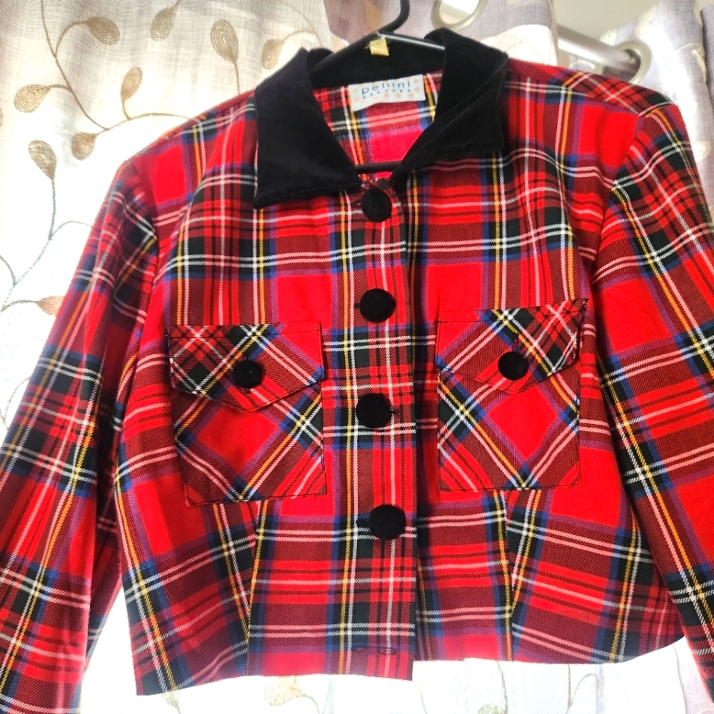 Vintage 80s 90s Pellini Red Tartan Plaid Crop Blazer Jacket